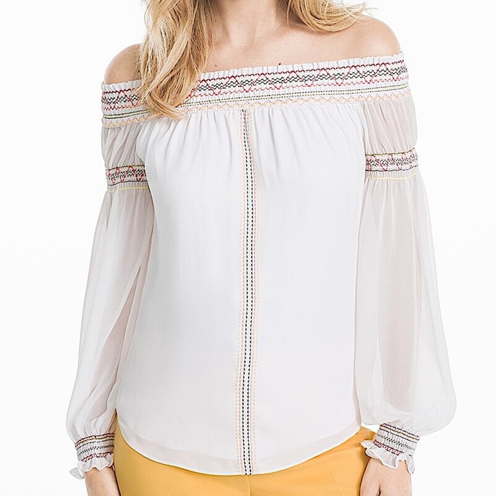 WHBM OFF-SHOULDER EMBROIDERED BLOUSE